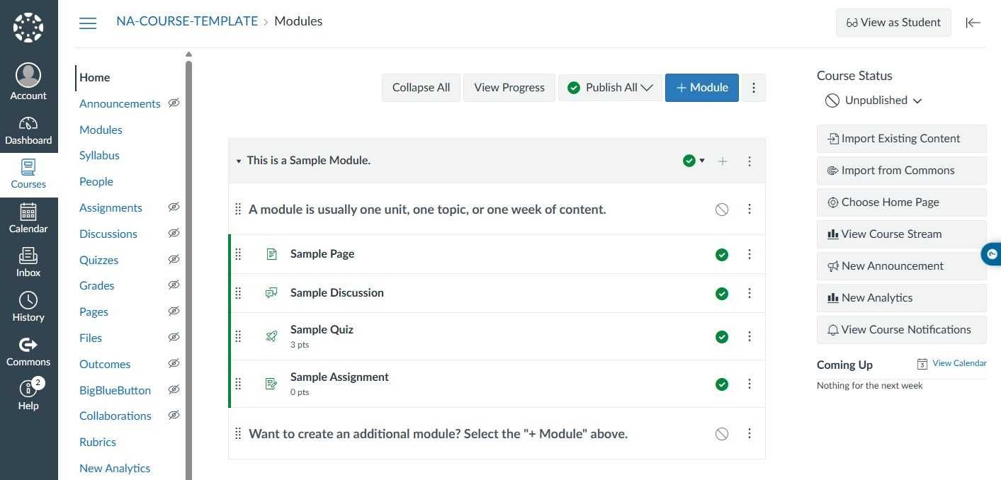 Canvas Course Home Page displays all course modules with course tools like analytics, announcements, and notifications on the right and course management options on the left.