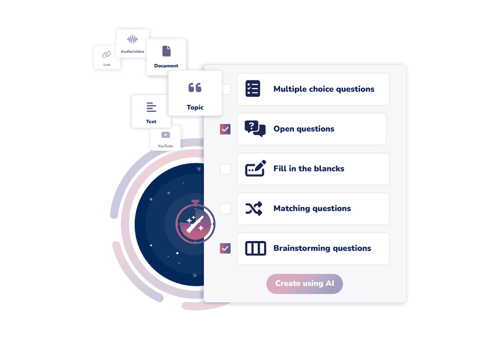 l'IA de Wooclap vous permet de créer des questions interactives à partir de présentations, de cours, de sites Web, etc.