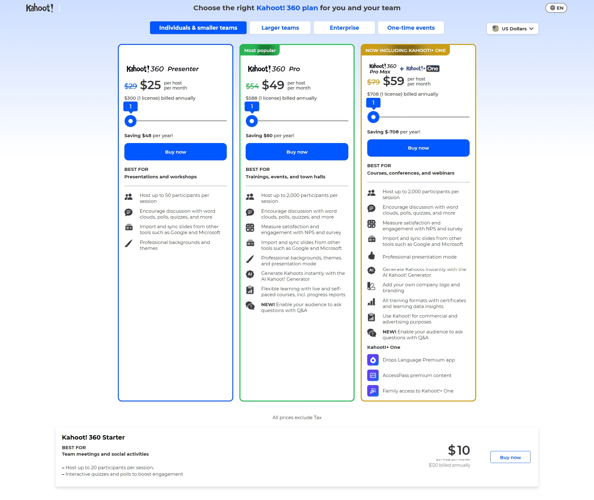 Kahoot small team business plan showing the Presenter, Pro, and One tiers.