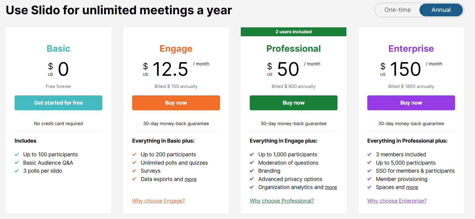Slido pricing plans showing the Basic, Engage, Professional, and Enterprise tiers.