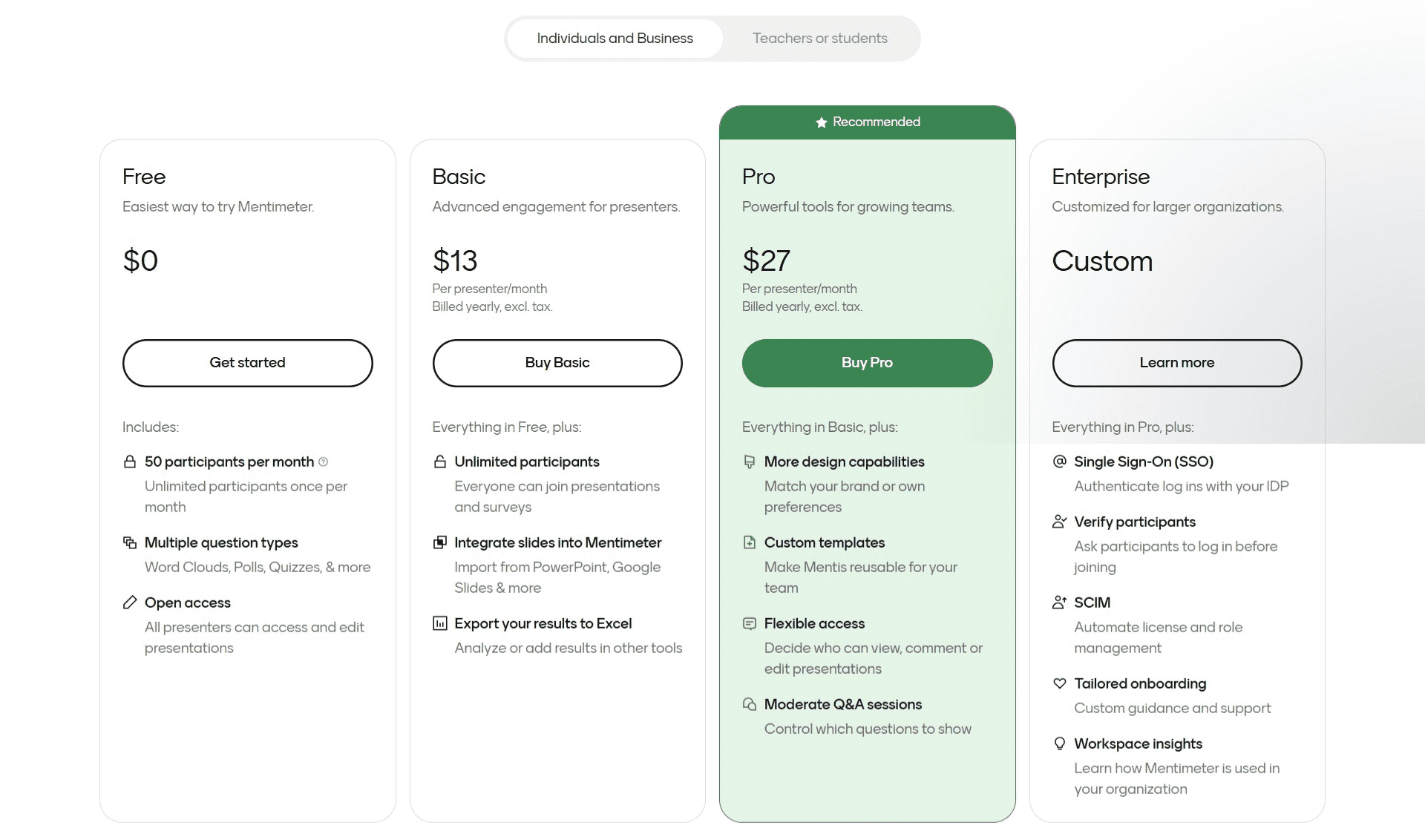 Poll Everywhere business and non-profit plans including Intro, Present, Engage, Teams, and Enterprise tiers.