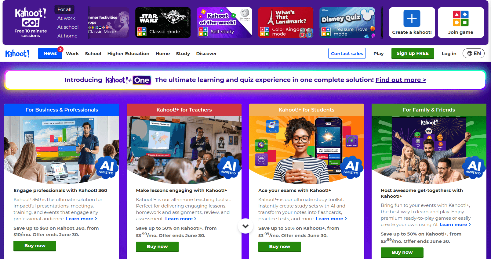 Kahoot homepage with the tagline ‘The ultimate learning and quiz experience in one complete solution!’.