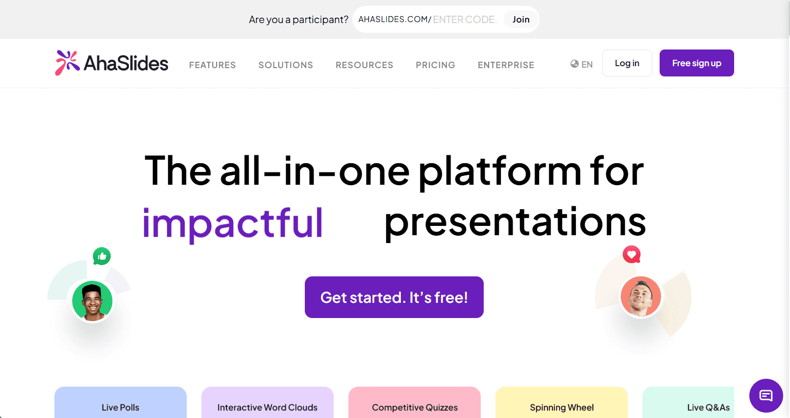 AhaSlides features a colorful interface with the tagline 'The all-in-one platform for impactful presentations’.