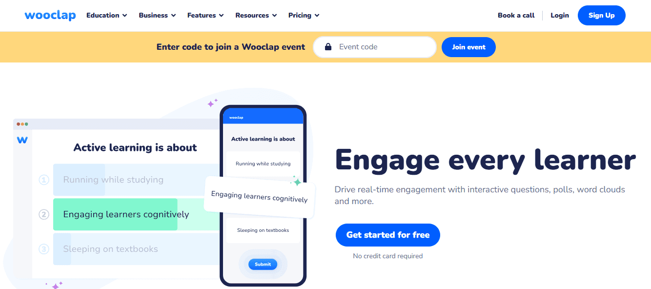 Wooclap drives real-time engagement with interactive question pools, word clouds, and more