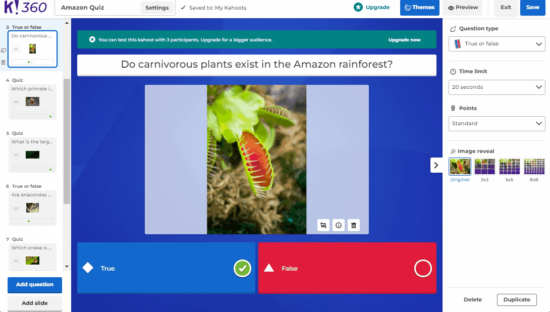 Kahoot’s quiz builder offers multiple question types and an AI questions generator to ideate and compile questions quickly