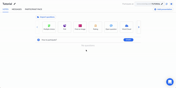 Wooclap's message wall interface activation with options to allow likes and images.