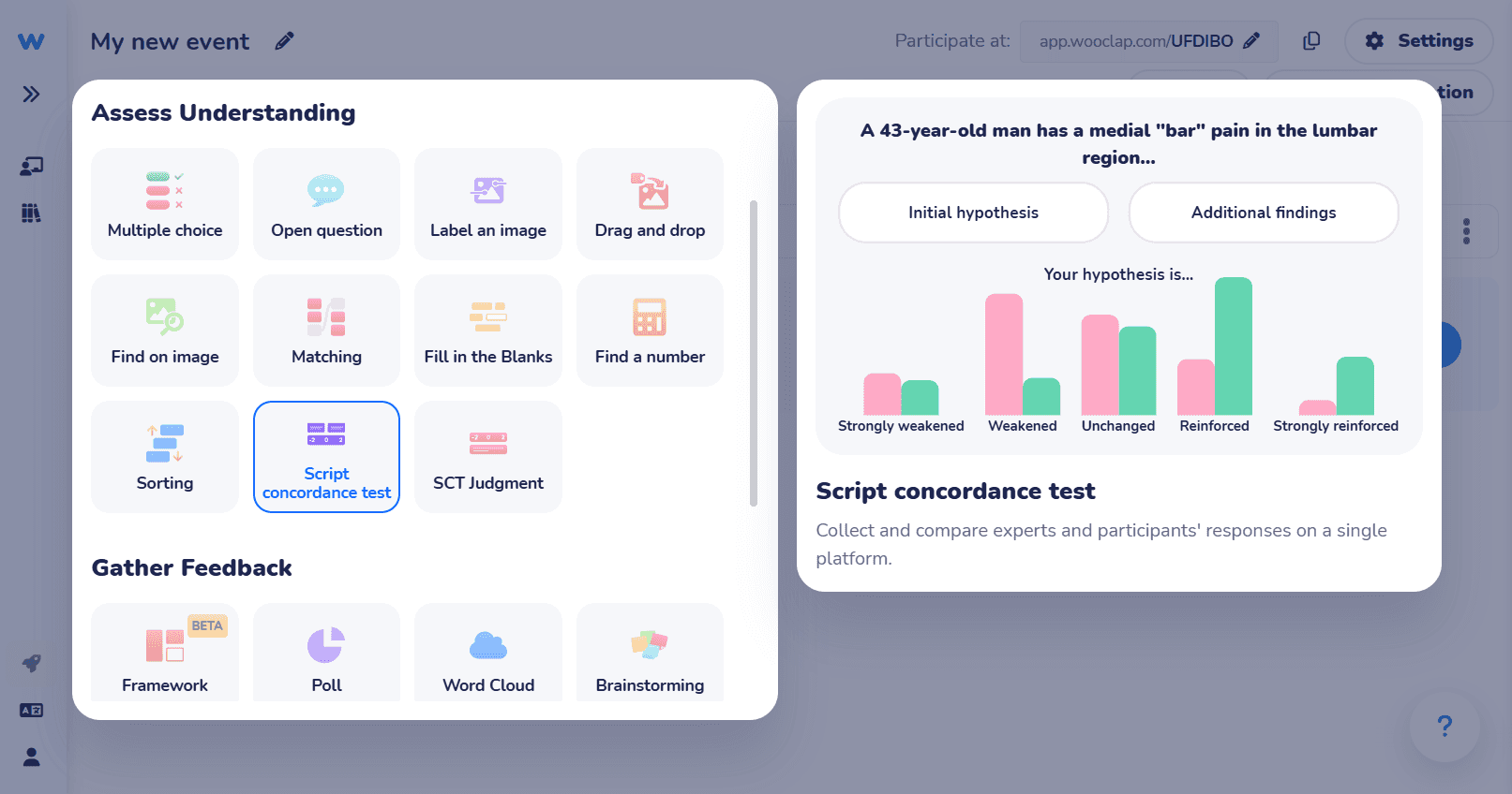 Wooclap's question creation interface showing diverse educational options, including brainstorming, matching, and fill-in-the-blanks.