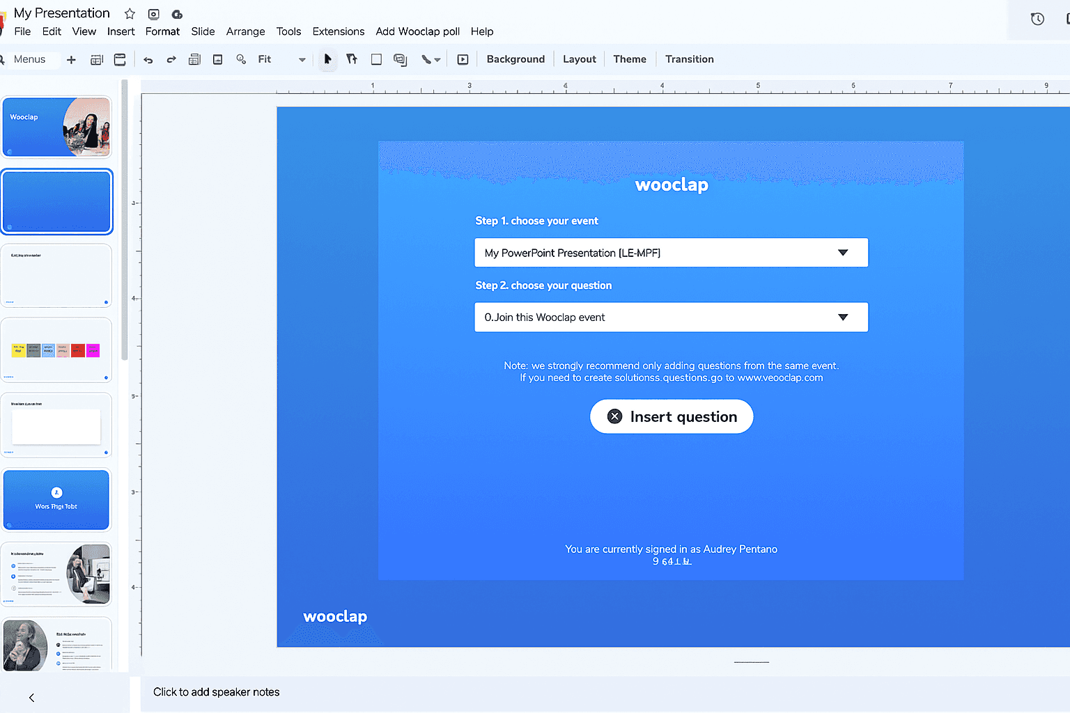 Wooclap’s Google Slides add-on lets you bring Wooclap quizzes and discussions to your Google Slides presentation.