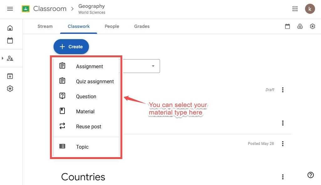 Google Classroom's "Classwork" tab has a "Create" option with multiple content types to choose from like Assignment, Quiz assignment, Question, Material, Reuse post, and Topic.