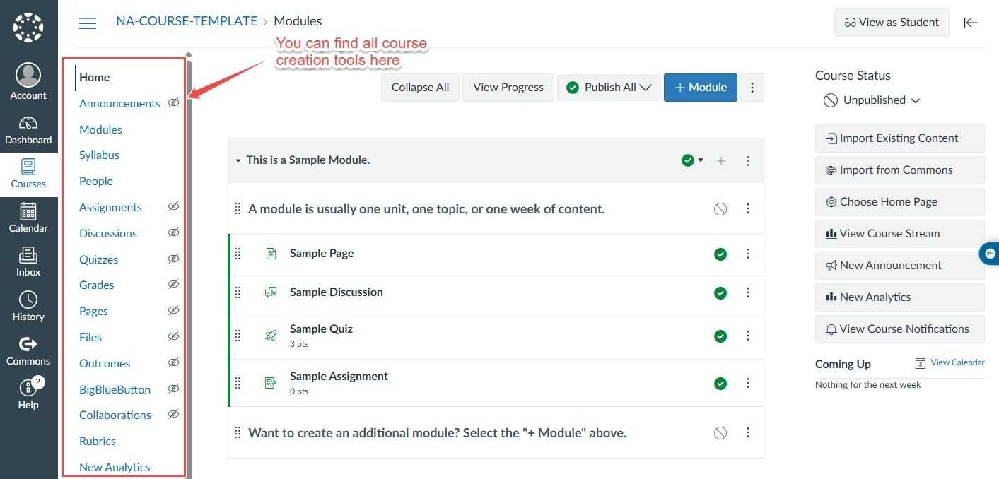 Canvas’s course homepage a navigation sidebar on the left, containing shortcuts to various course elements and course management tools like pages, discussions, quizzes, assignments.
