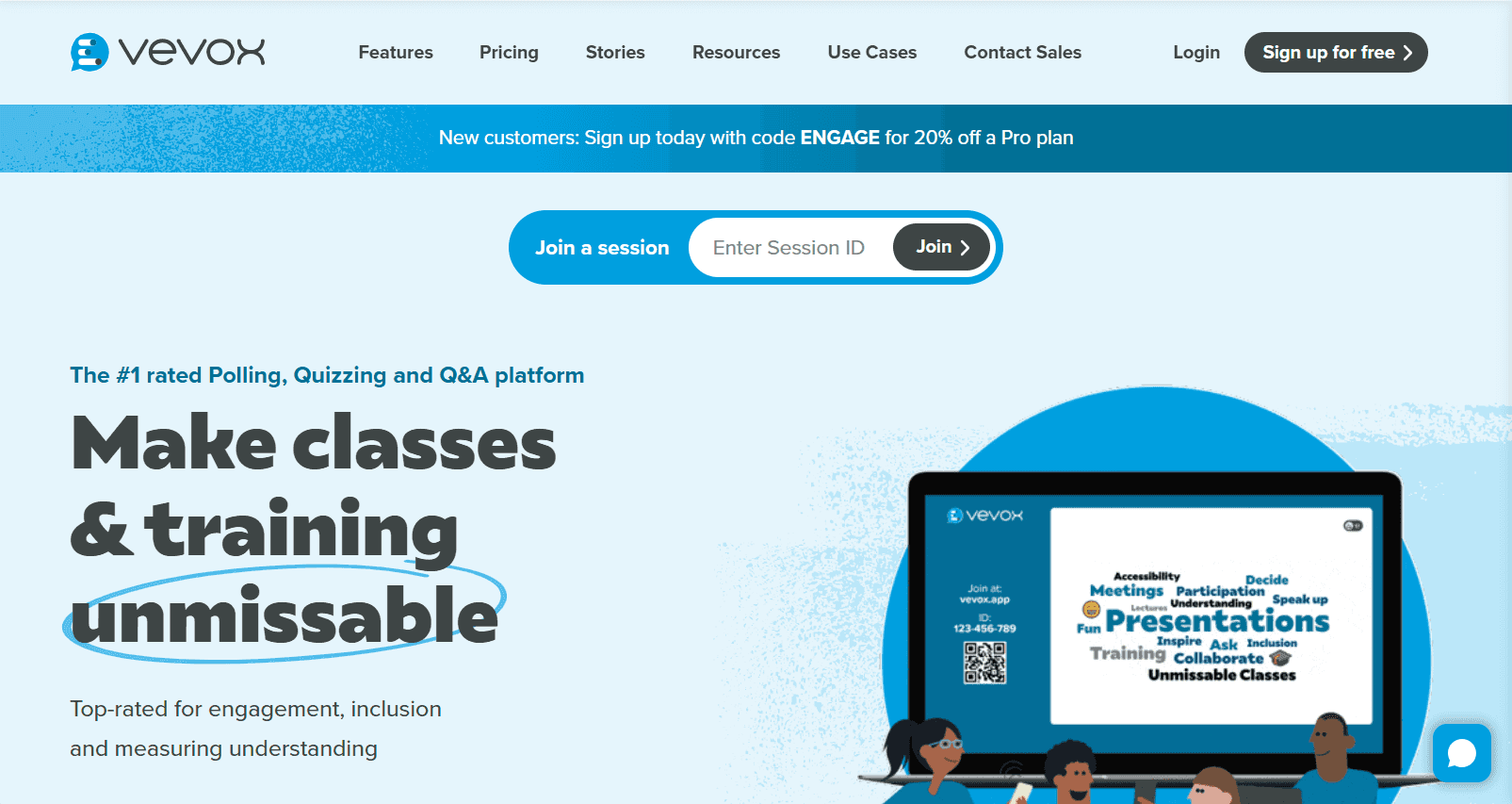 Vevox has a slogan on its homepage: ‘Make classes & training unmissable’.