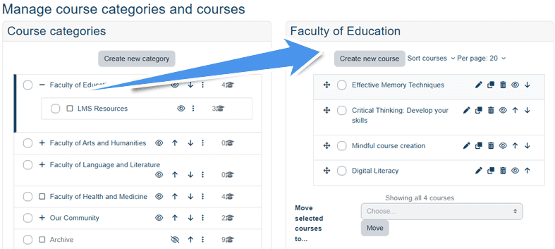 Moodle course category page showing how you can create a new course and organize them in a desired order.