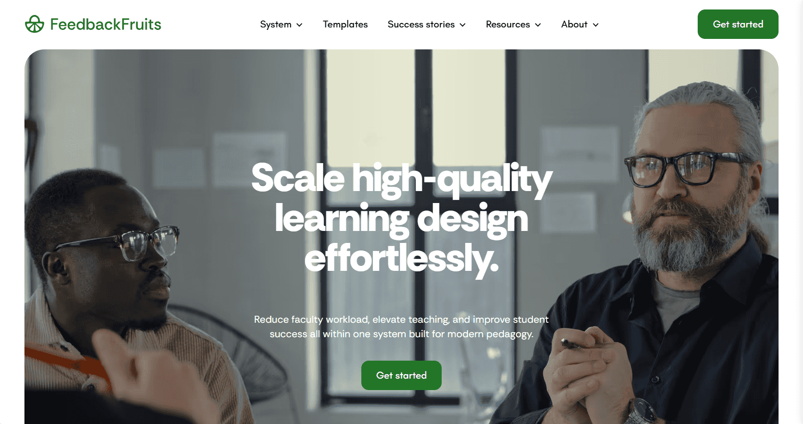 FeedbackFruits’ homepage features the tagline 'Scale high-quality learning design effortlessly’.