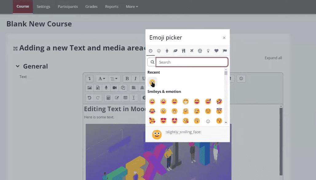 Moodle text editor spotlighting the emoji picker while options like the video tool, text color, bold option, italic, align & indent paragraph editor, and lots more are visible in the background