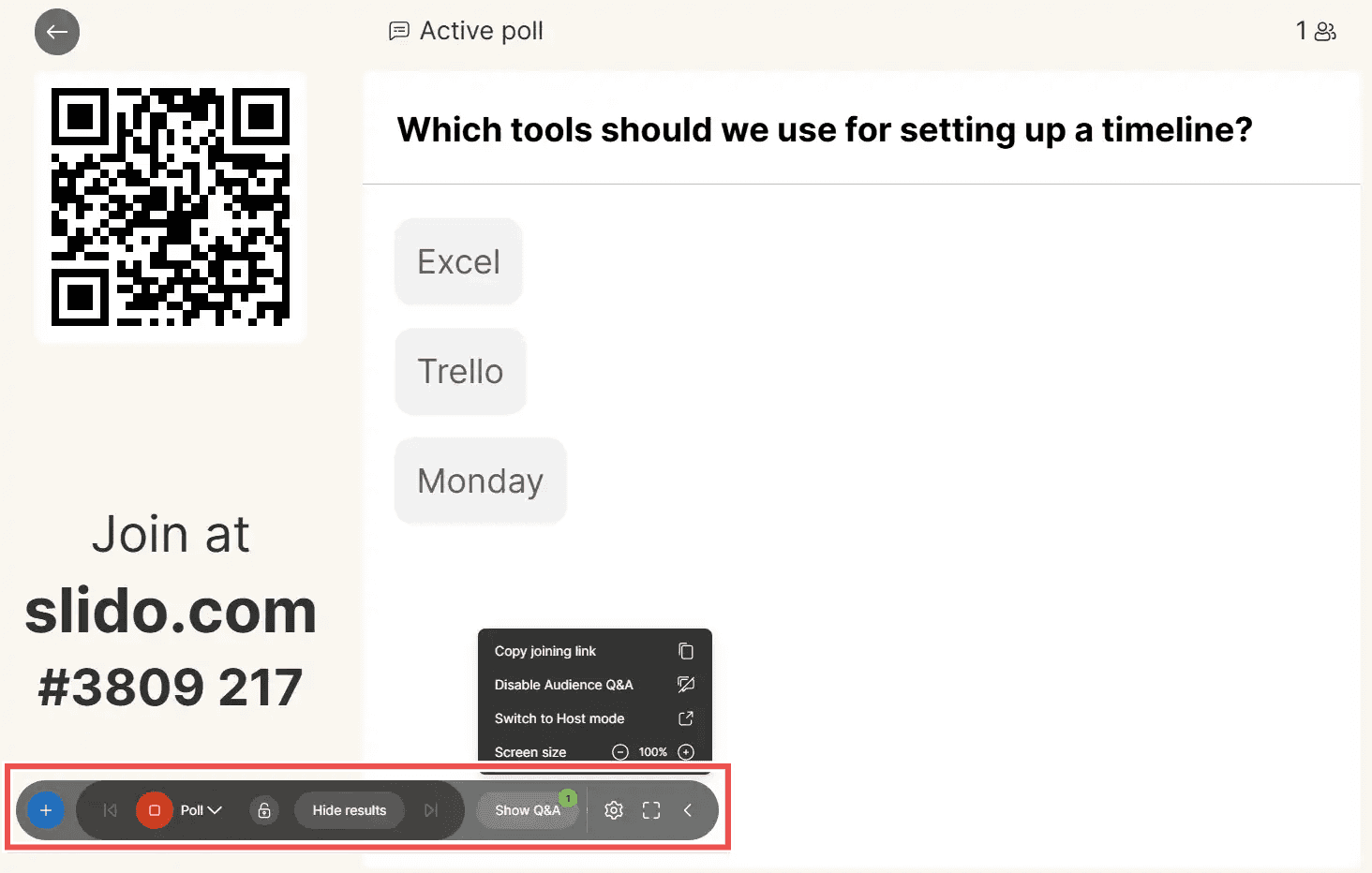 Slido’s presentation controls include Q&A options, and the currently active screen.