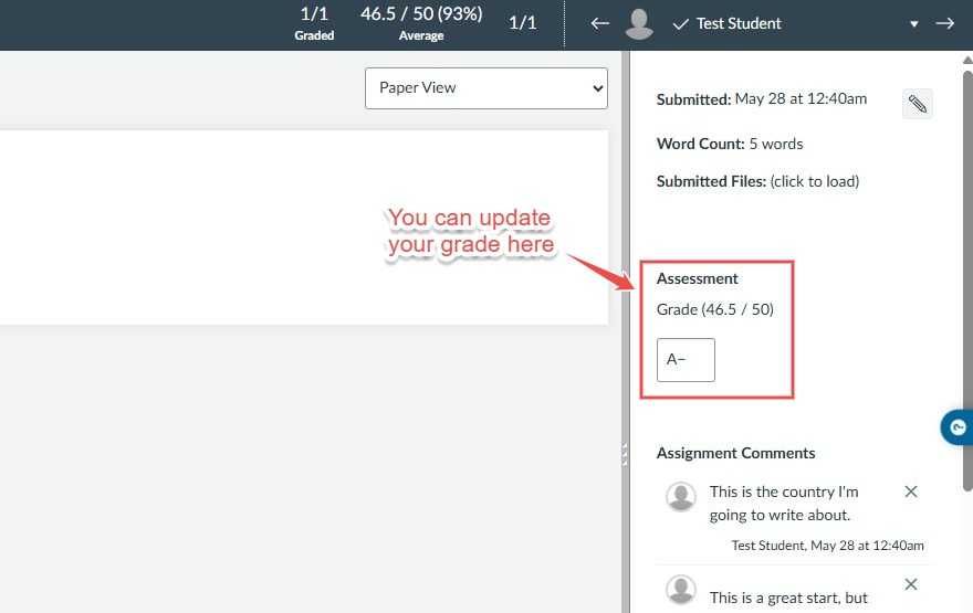 Canvas’s SpeedGrader allows you to update grades while reviewing and providing feedback on assignments.