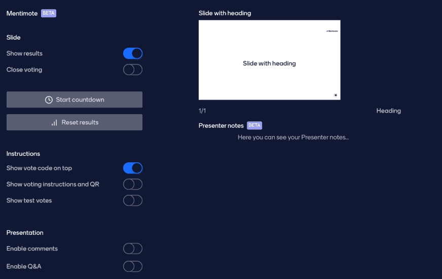 Mentimeter mentimote feature showing how you can customize your slide with presenter notes, countdown timer, voting instructions, etc.’