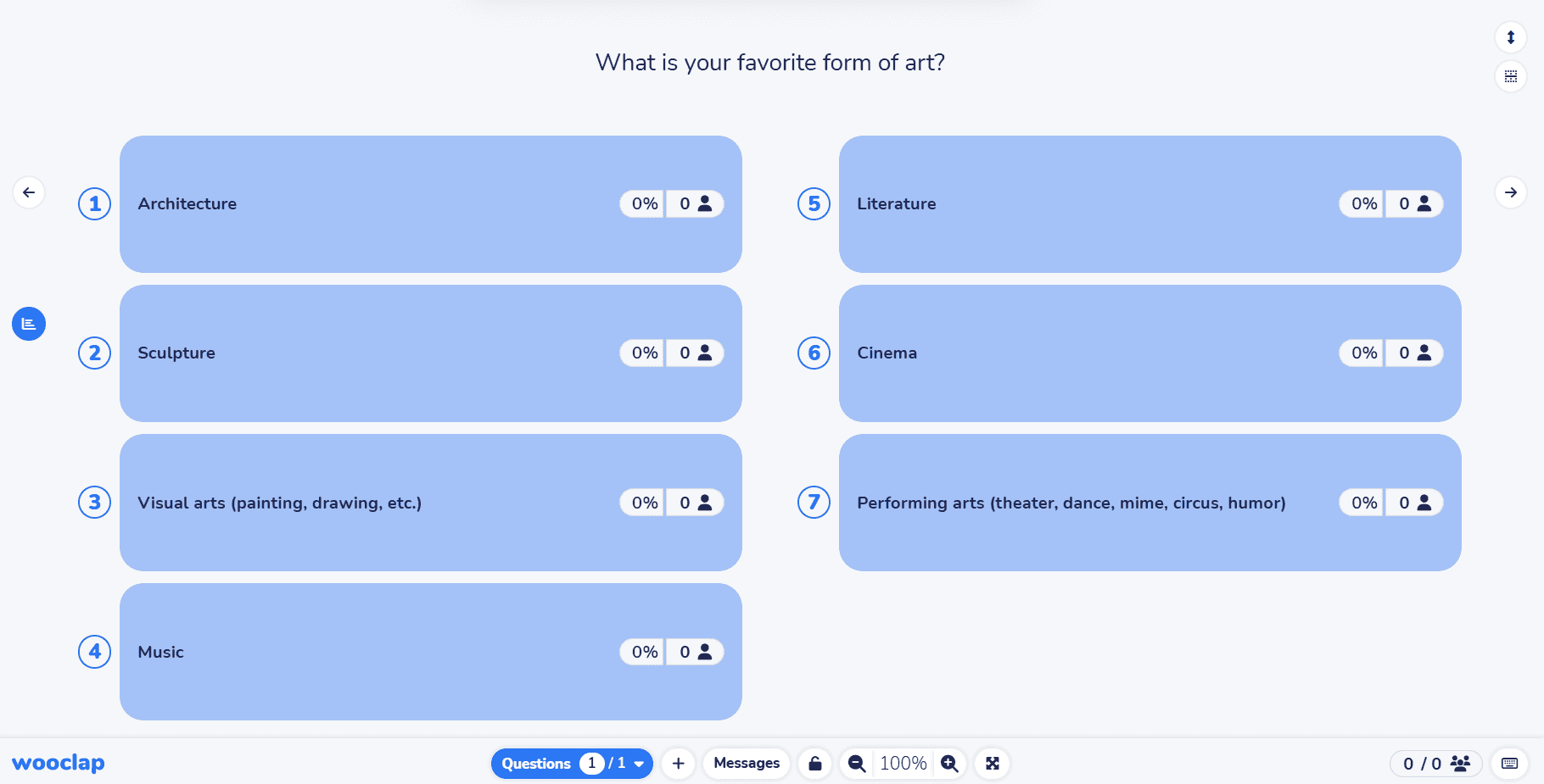 Wooclap’s survey builder allows educators to ask a question, provide multiple options, and collect answers based on the options students pick. It also collects the number of students who participate and provides a percentage of how many students pick an answer.