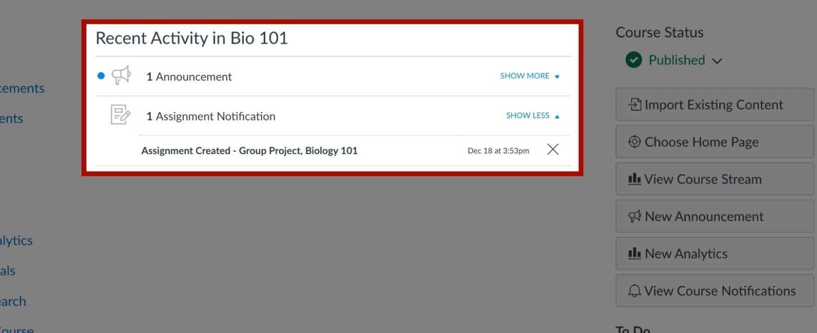 Canvas’s Course Activity Stream displays course-related announcements and notifications.