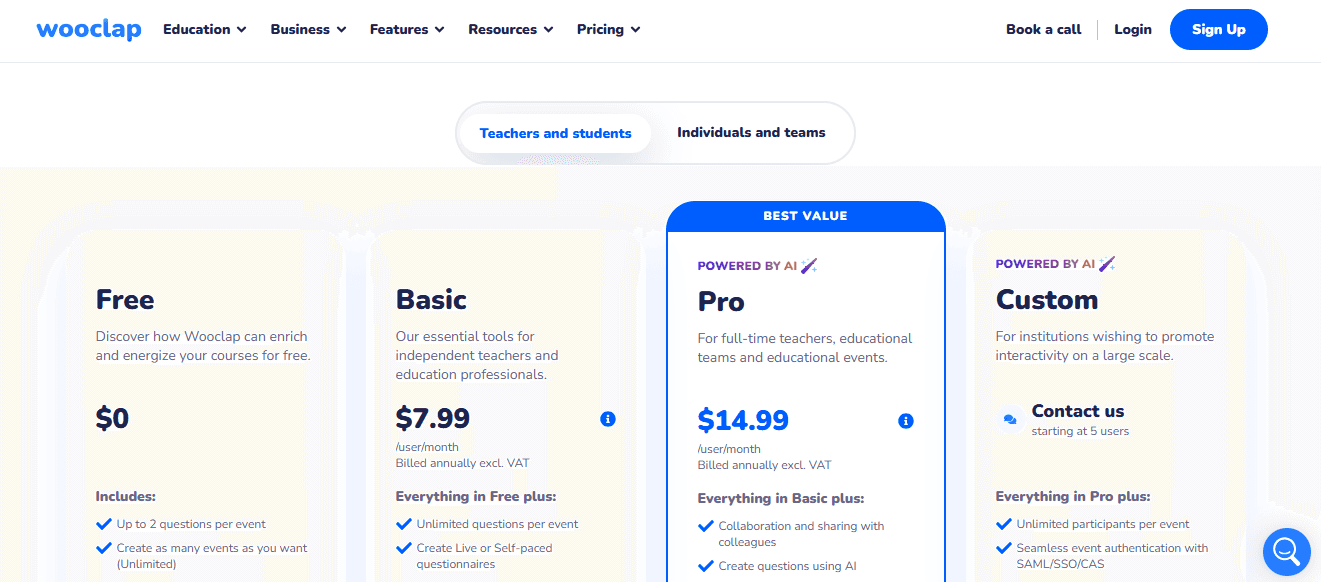 Wooclap's pricing webpage showing four plans: Free, Basic, and Custom, as categorized for 'Teachers and students' and 'Individuals and teams.