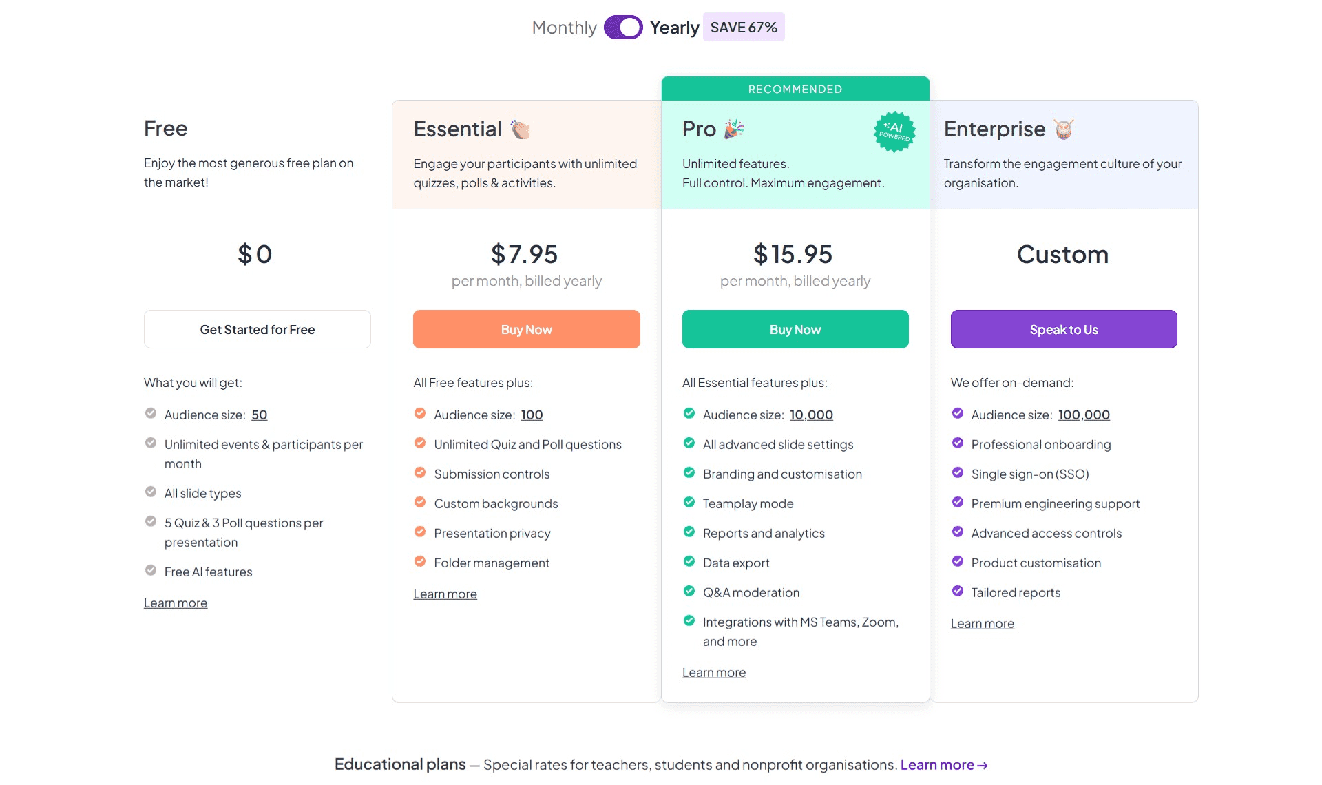 AhaSlides plan showing the Free, Essential, Pro, and Enterprise tiers.