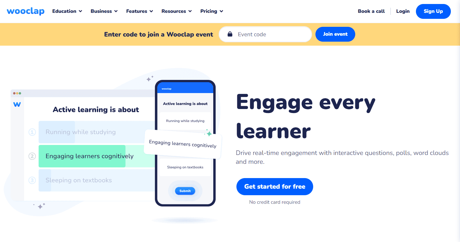 Wooclap's homepage features the tagline ‘Engage every learner'.