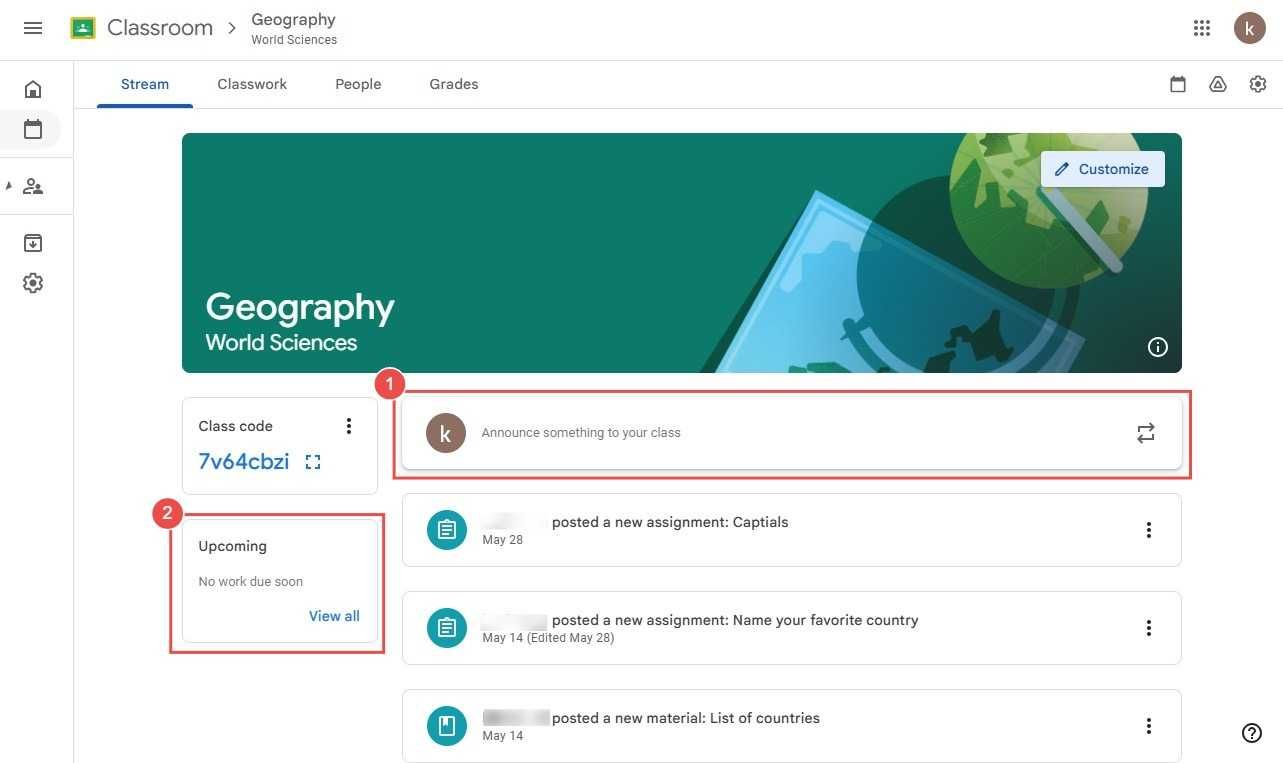 Google Classroom’s Stream tab displays the class code, an announcement box, upcoming assignments section, recent posts, and assignments.