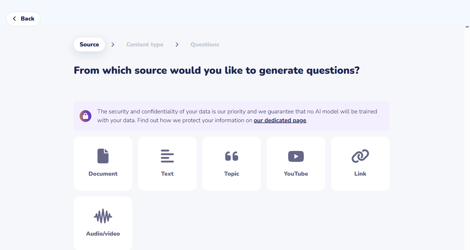 Wooclap's AI question generation interface showing different media options.