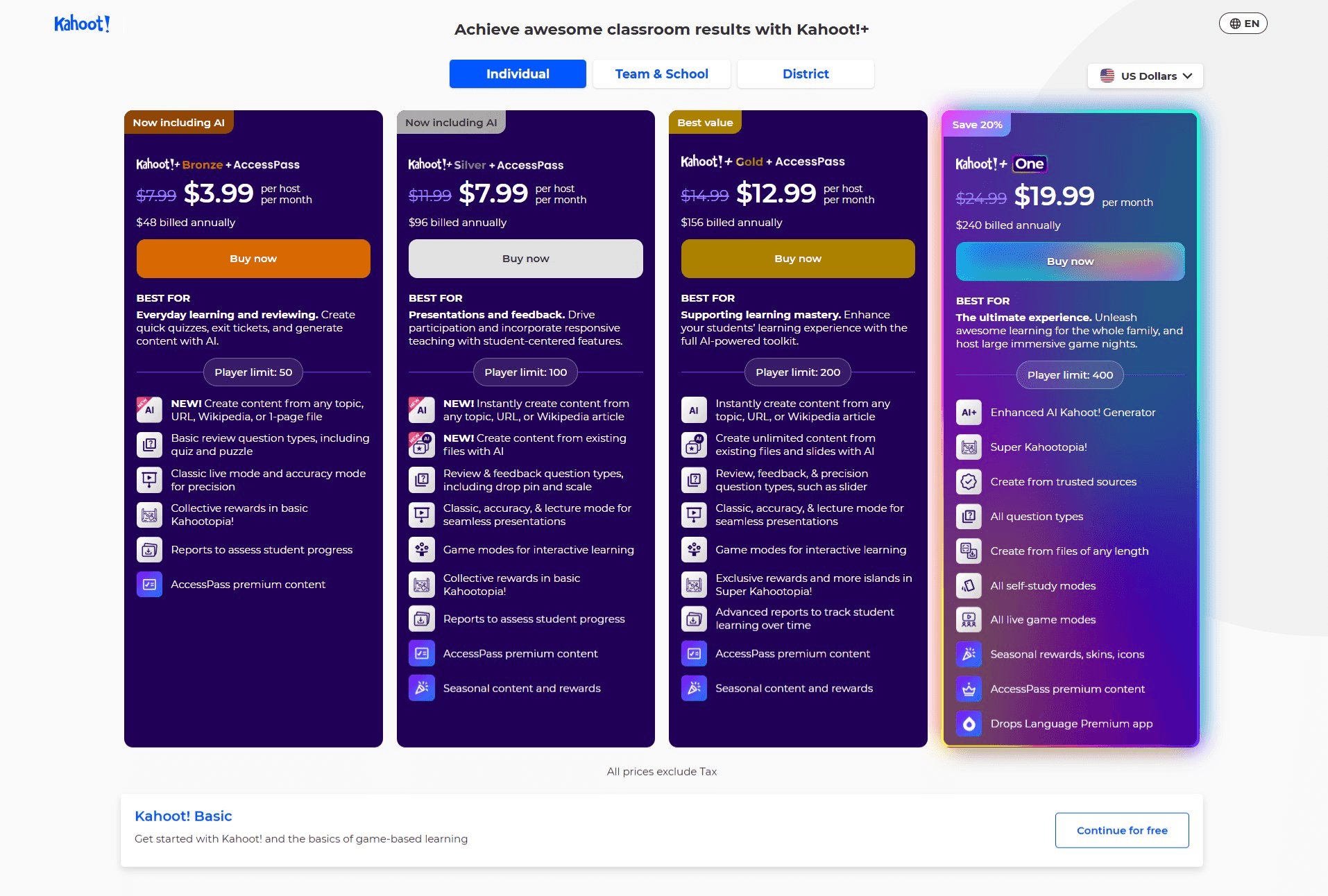Kahoot individual school plan showing the Bronze, Silver, Gold, and One tiers.