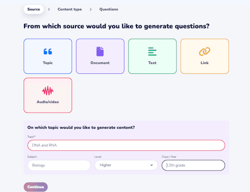 Wooclap AI helps create questions from any type of support (slides, links, text, files, and more)