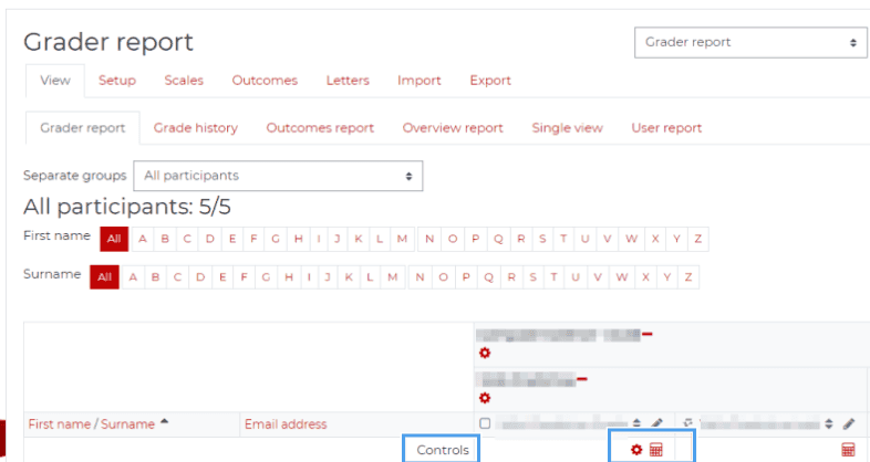 Moodle grade report showing the controls and calculator icon you can use to create custom grade formulas.