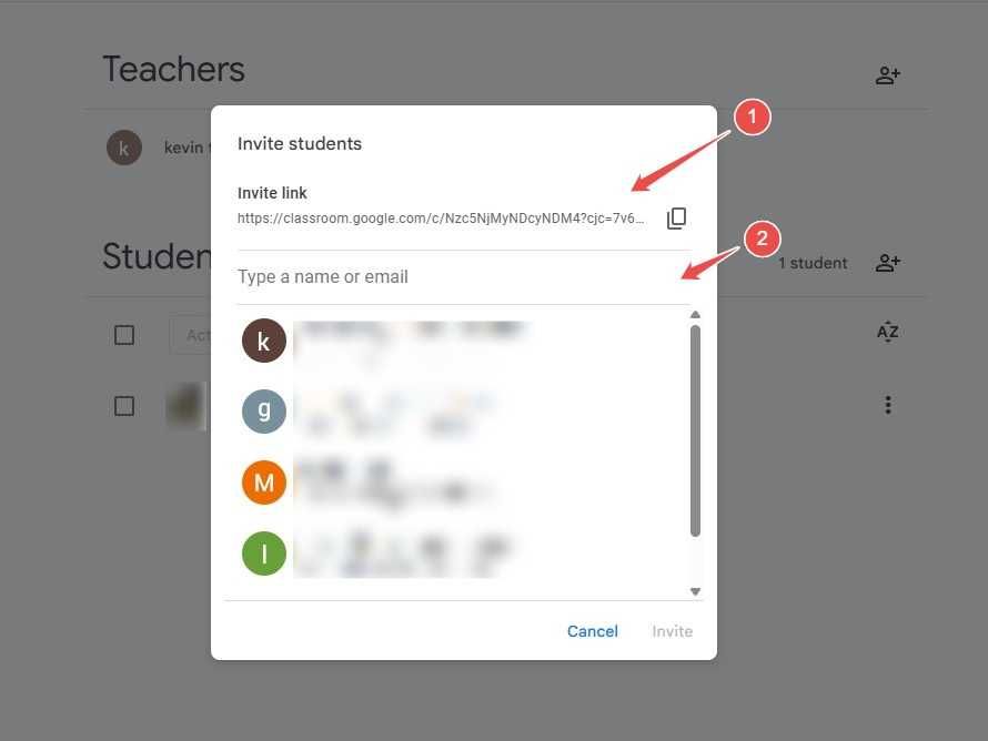 Google Classrooman lets you add collaborators and students via an invite link, using a search field for typing names or emails, or from a list of suggested contacts.