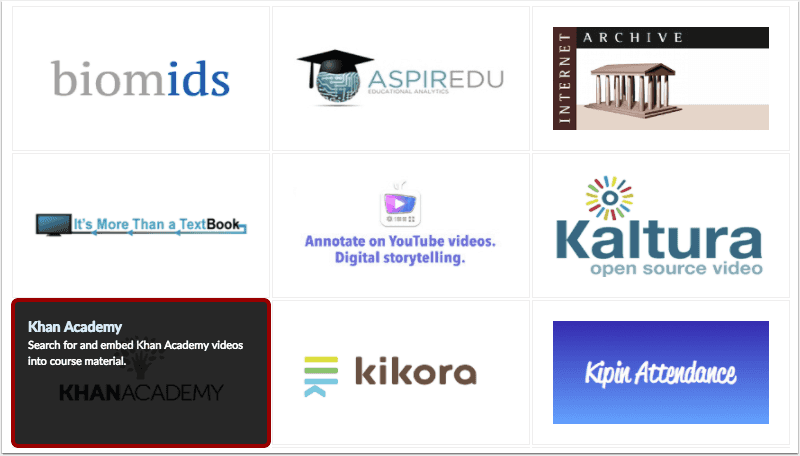 The Canvas App Center offers integrations with platforms like BioMid, ASPIREDU, Kaltura, and Khan Academy.