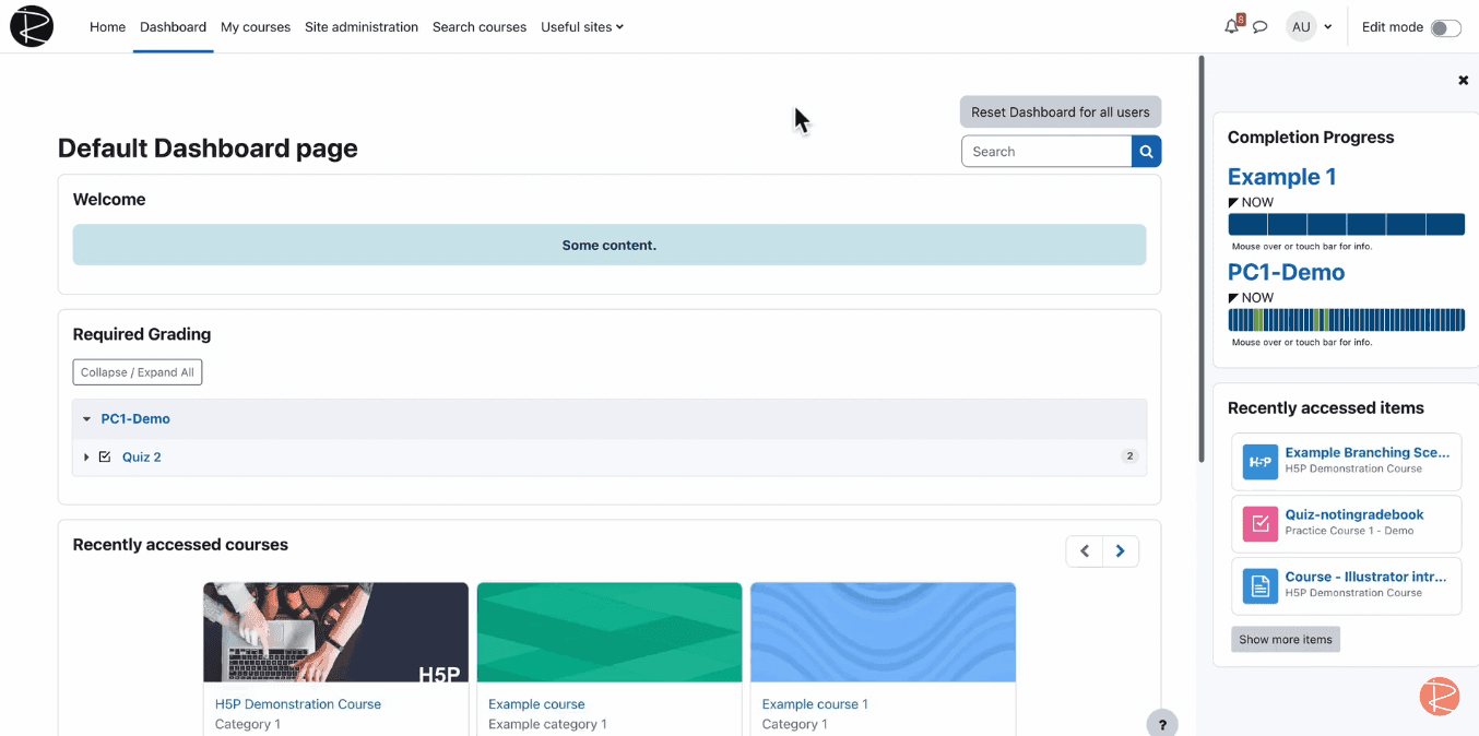 Overview of Moodle’s interactive dashboard with it’s grading and recently accessed courses blocks.