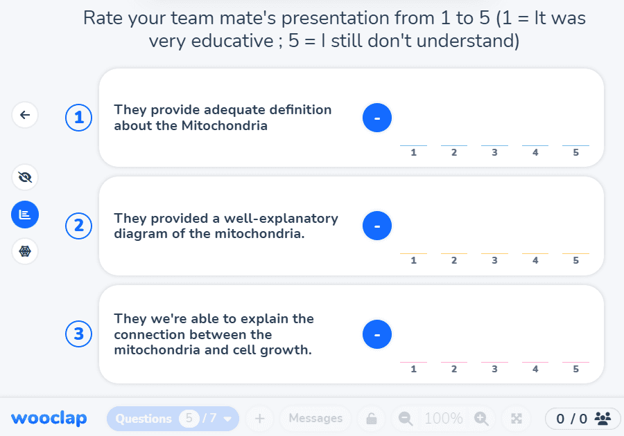 With Wooclap’s peer review question type, you can ask participants to rate a teammate's presentation from 1-5.