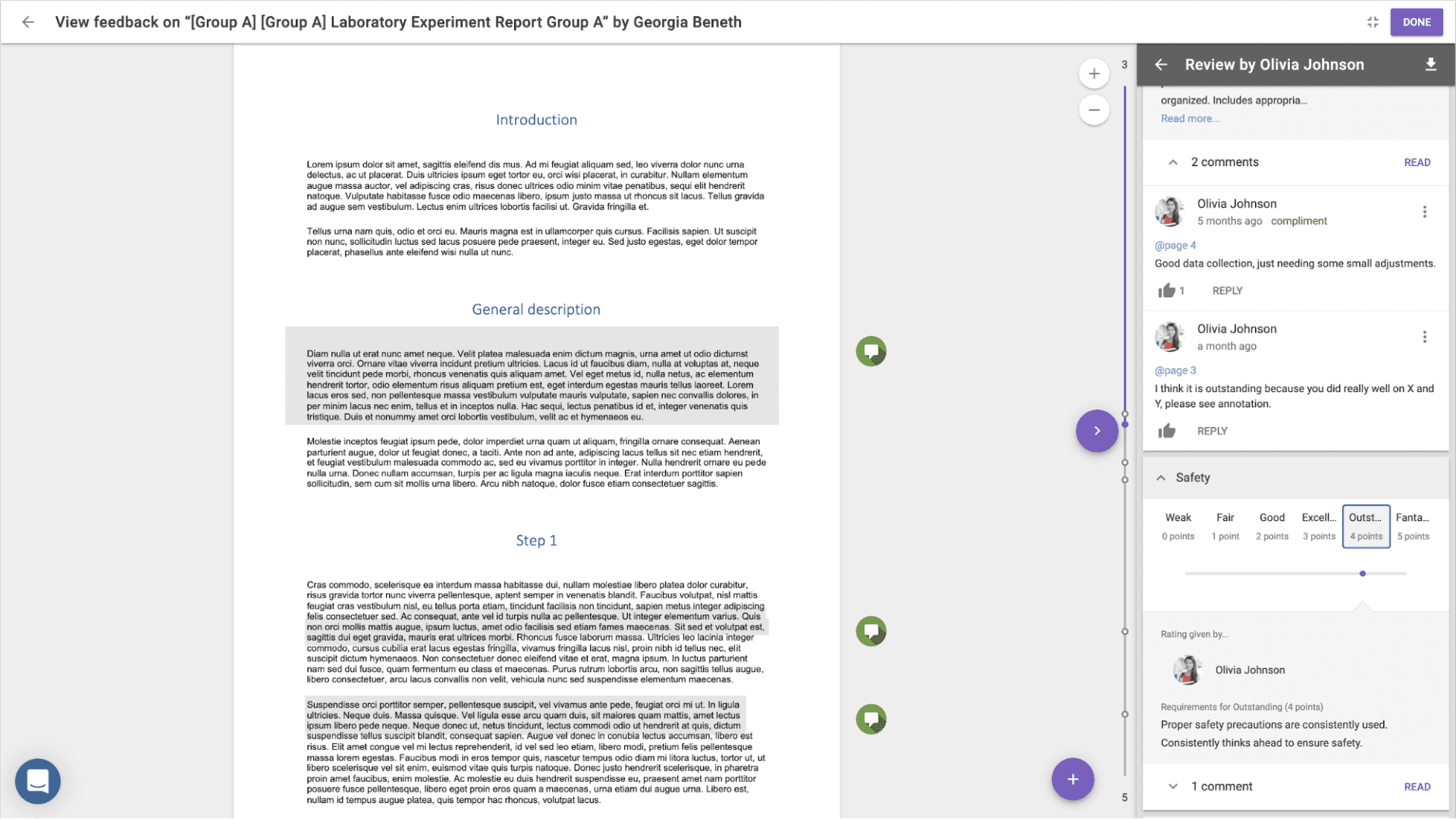 FeedbackFruits peer review feature showing an experiment report and comments from a peer reviewer.