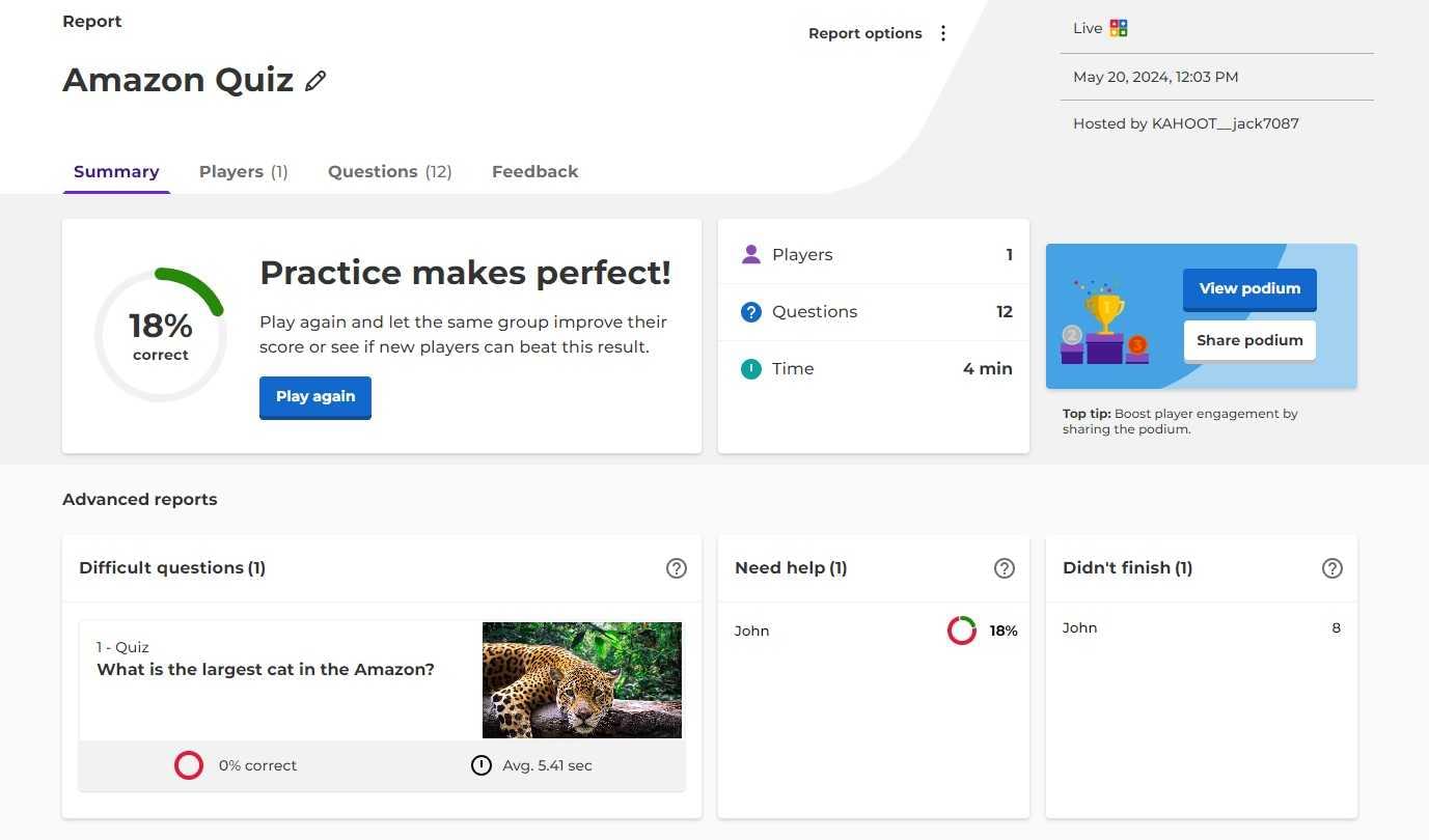 Kahoot’s analytics platform offers four reports: Summary, Players, Questions, and Feedback.