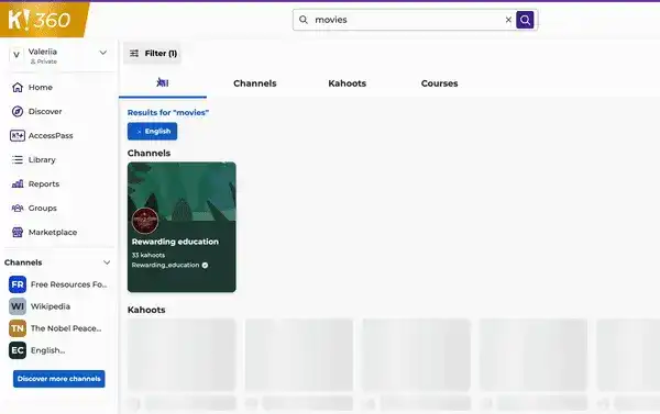 Kahoot's K-360 interface showing search results for 'movies' with tabs for Channels, Kahoots, and Courses.