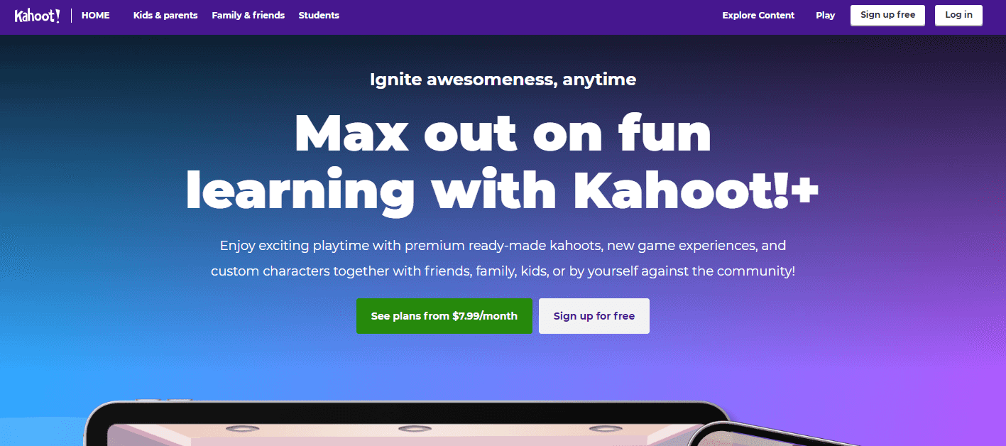 Kahoot is a learning platform with ready-made quizzes and customer characters bringing new gaming experiences.