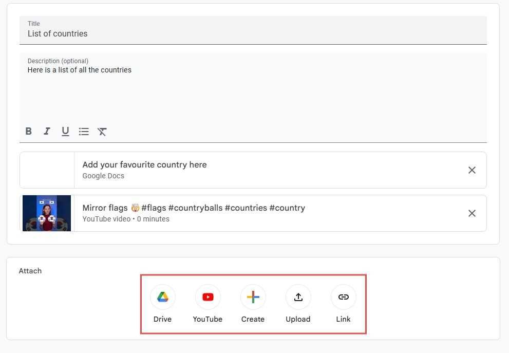 Google Classroom supports external content like Google Drive files, YouTibe videos, webpage links, and file uploads in their courses.