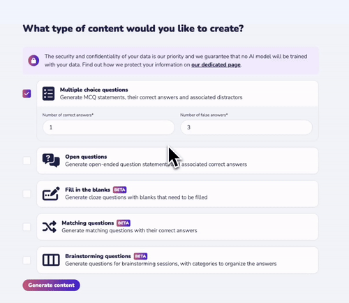 Créez des choix multiples, des phrases à trous, des associations, des brainstormings et des questions ouvertes avec l'IA de Wooclap