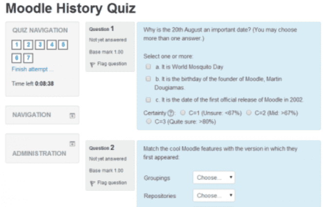 An overview of a Moodle history quiz with multi-choice question types.