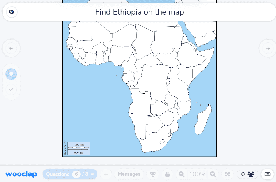 "Wooclap’s geography question type allows you to set up exercises like 'Find Ethiopia on the map'. Students can click on the map to identify Ethiopia's location.
